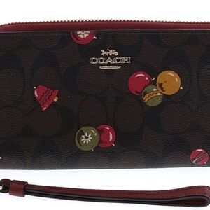 Coach Brown Signature Wristlet with Red, Green & Gold Ornament Print
